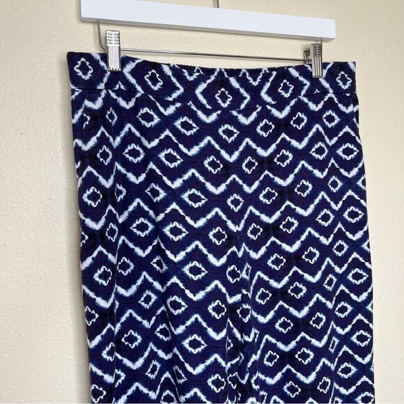 Loft Linen Viscose Navy White Ikat Cropped Pull On Pant Women Medium Pockets - Picture 2 of 12